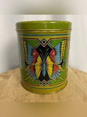 Rare Vintage 70s Olive Green Butterfly Metal Tin Canister